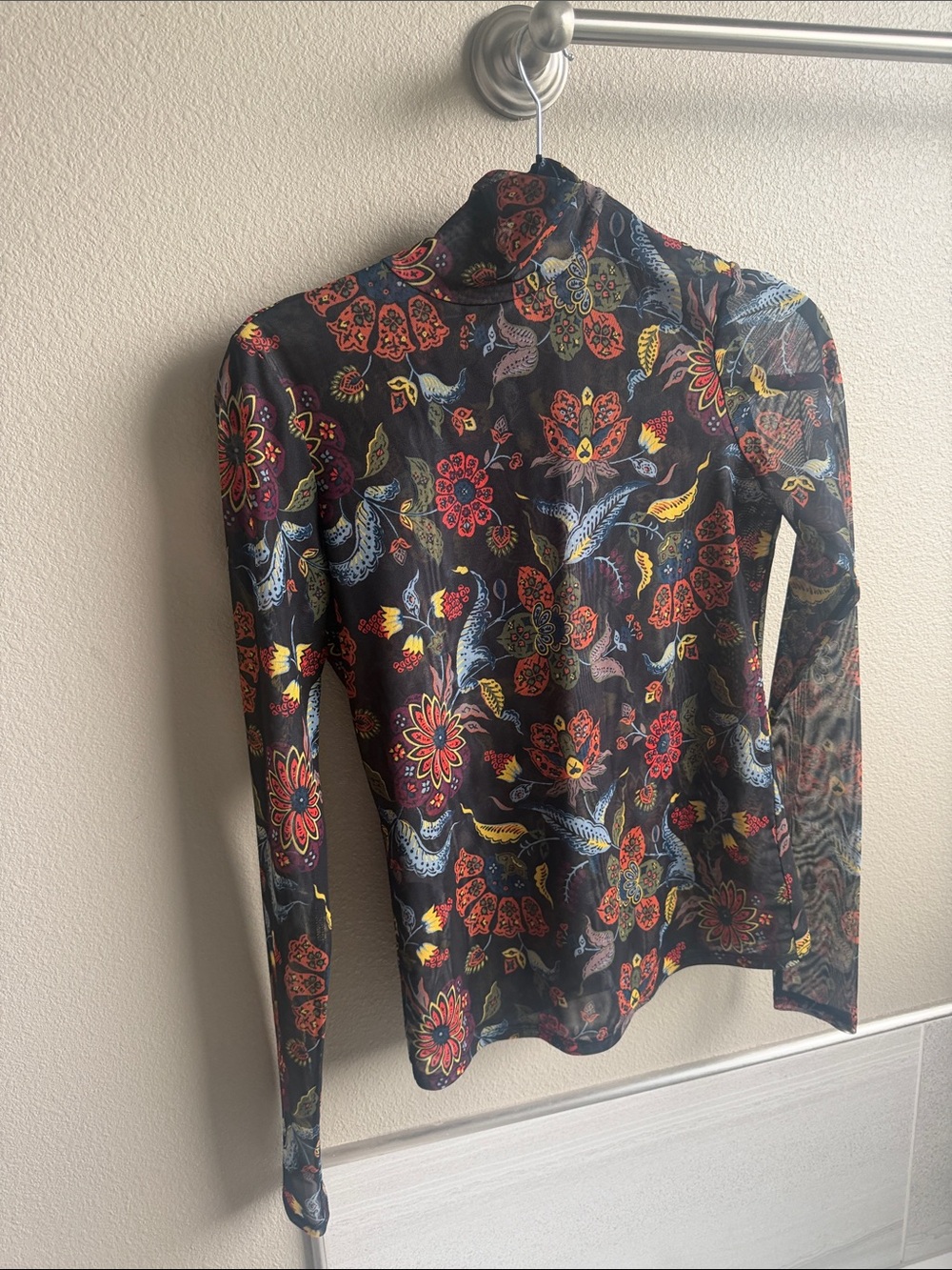 cinq a sept Black Floral Mesh Mock Neck Long Sleeve Top size S